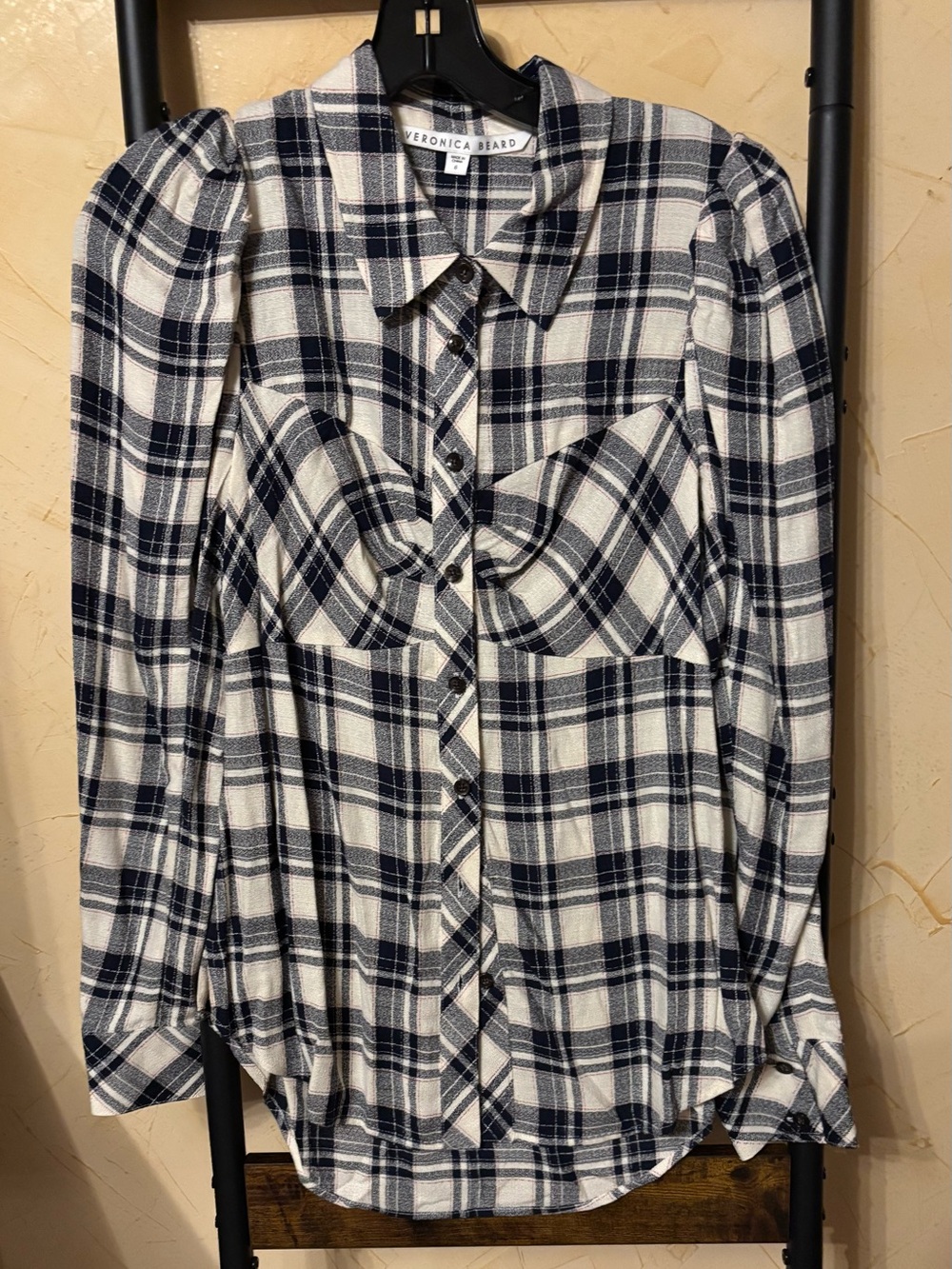 Veronica Beard Navy & Cream Plaid Long Sleeve Button Shirt Size 6